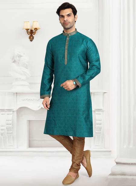 Teal Green Colour Traditional Wear Jacquard silk Kurta Pajama Mens Collection 1233